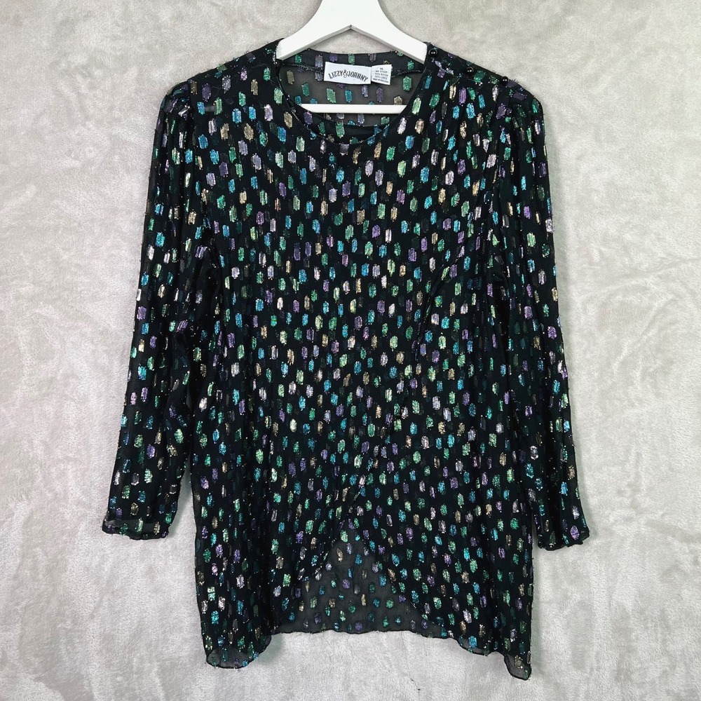 Vintage Lizzy & Johnny Black Metallic Sheer Surplice Blouse Top L 80s Mardi Gras